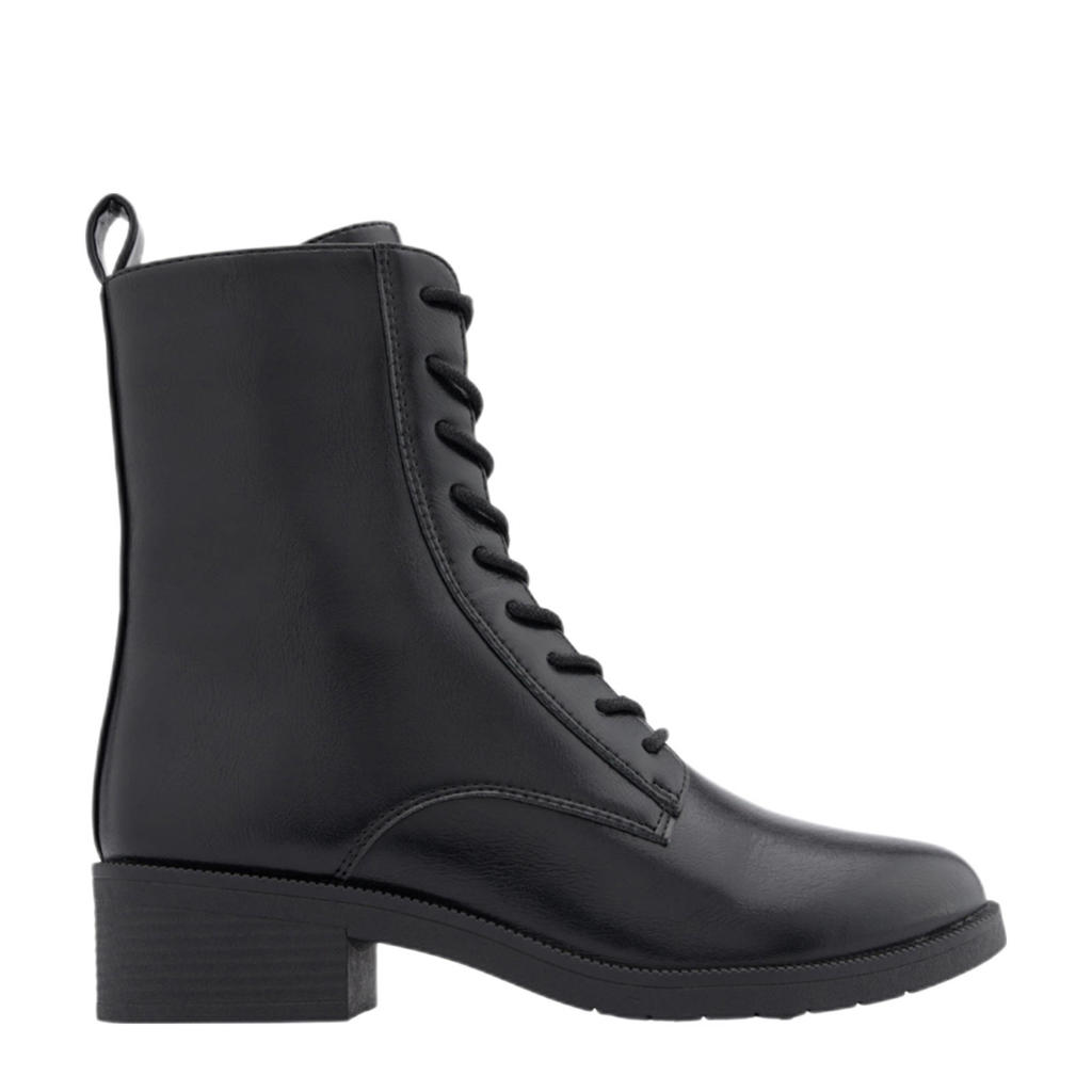 Zwarte dames Graceland veterboots van imitatieleer met rits- en vetersluiting en effen