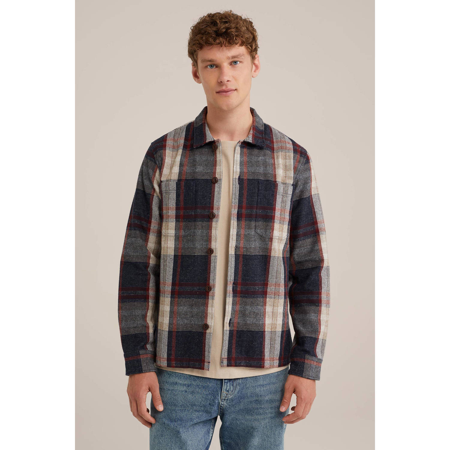 WE Fashion geruit regular fit overshirt donkerblauw