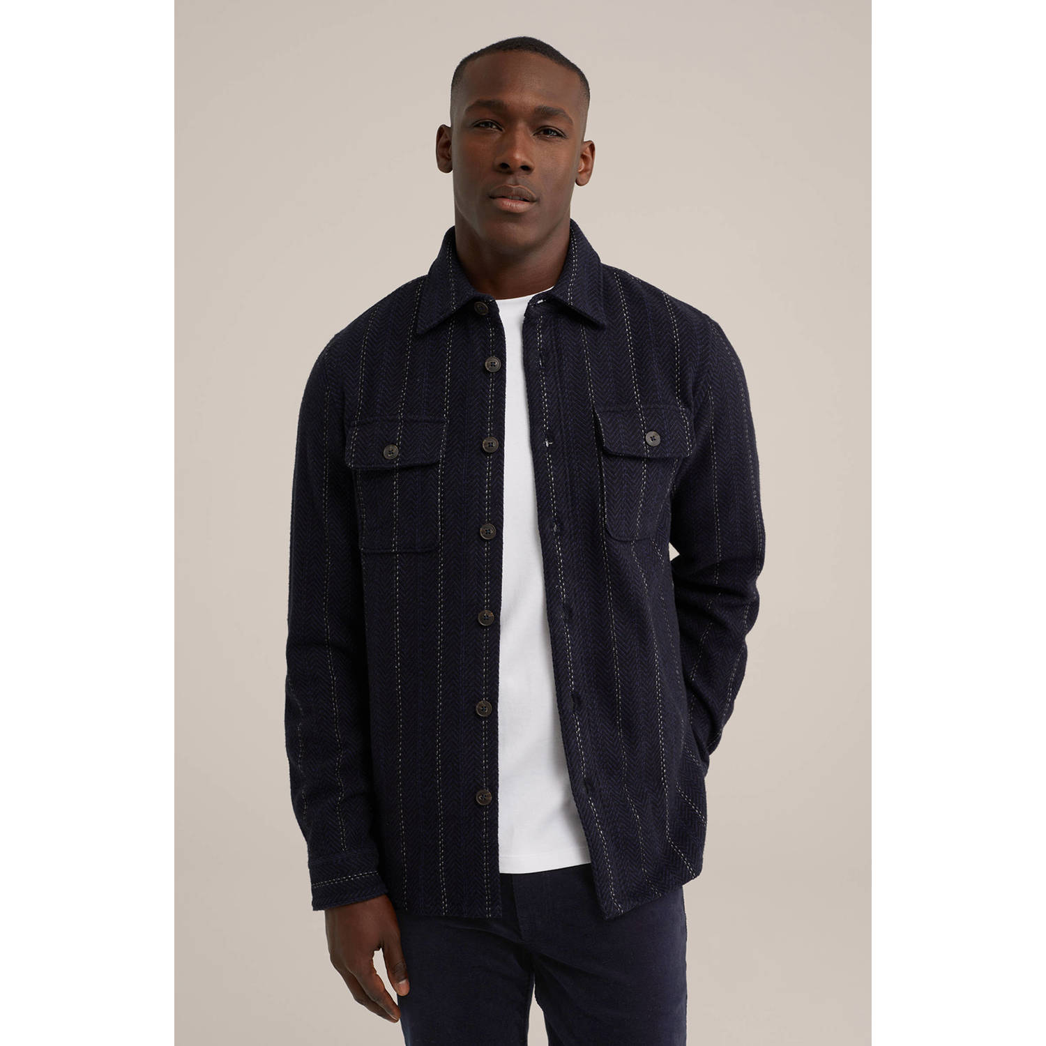 WE Fashion gestreept regular fit overshirt donkerblauw