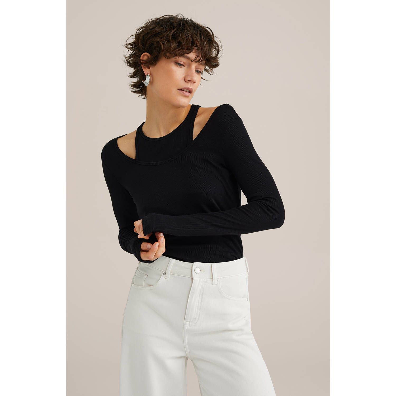 WE Fashion WE STUDIO fijngebreide top zwart