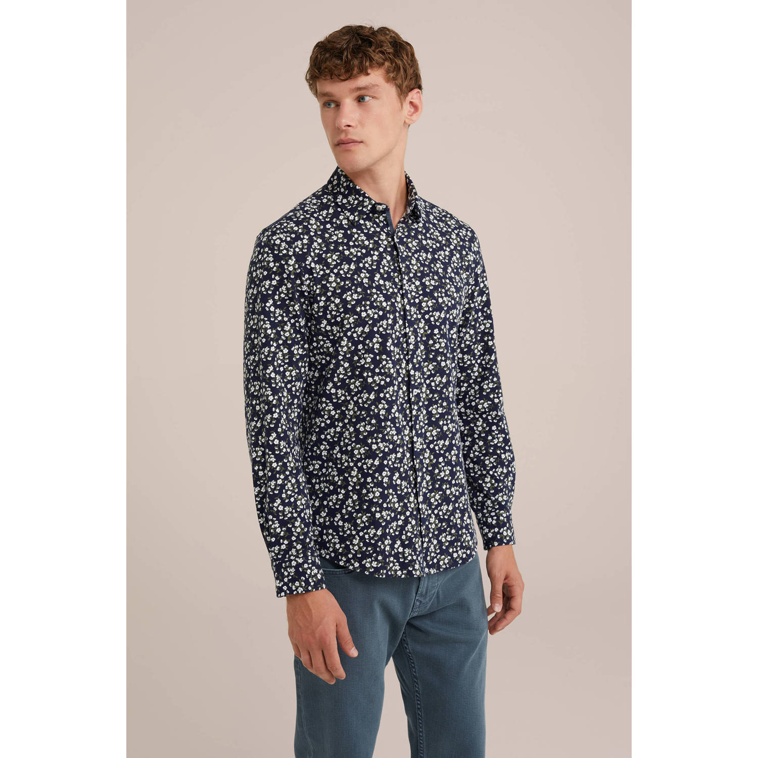 WE Fashion slim fit strijkvrij overhemd met all over print heavy blue