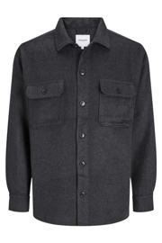 thumbnail: Zwarte heren JACK & JONES ESSENTIALS loose fit overshirt van wol met effen, lange mouwen, widespread hals en knoopsluiting