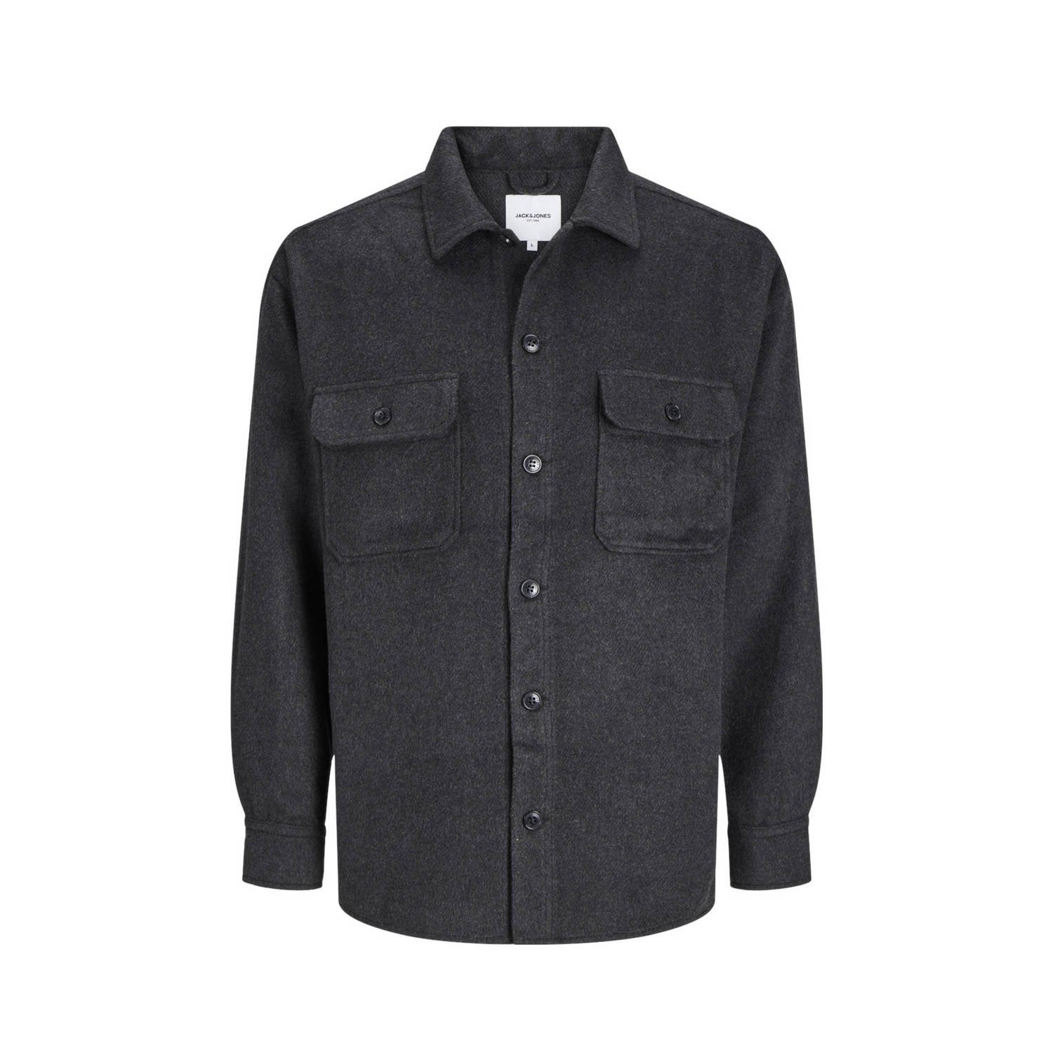 JACK & JONES ESSENTIALS loose fit overshirt JJEBRADLEY OLLIE met wol zwart