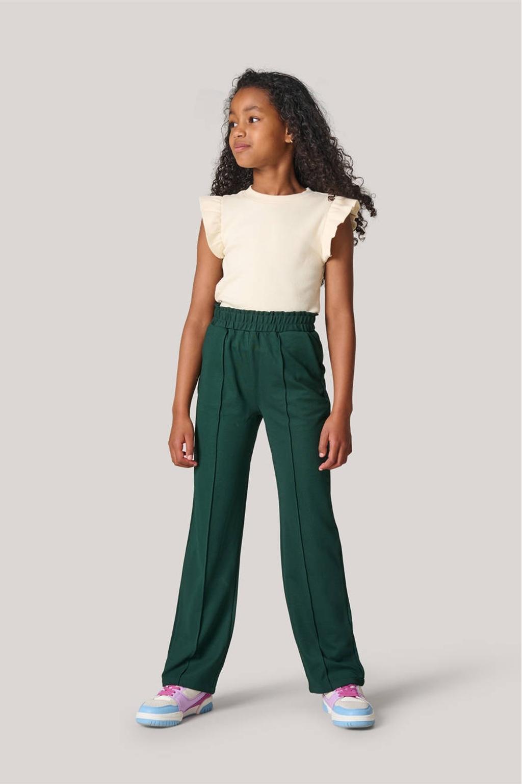 Groene meisjes Shoeby regular fit broek van polyester met elastische tailleband en effen