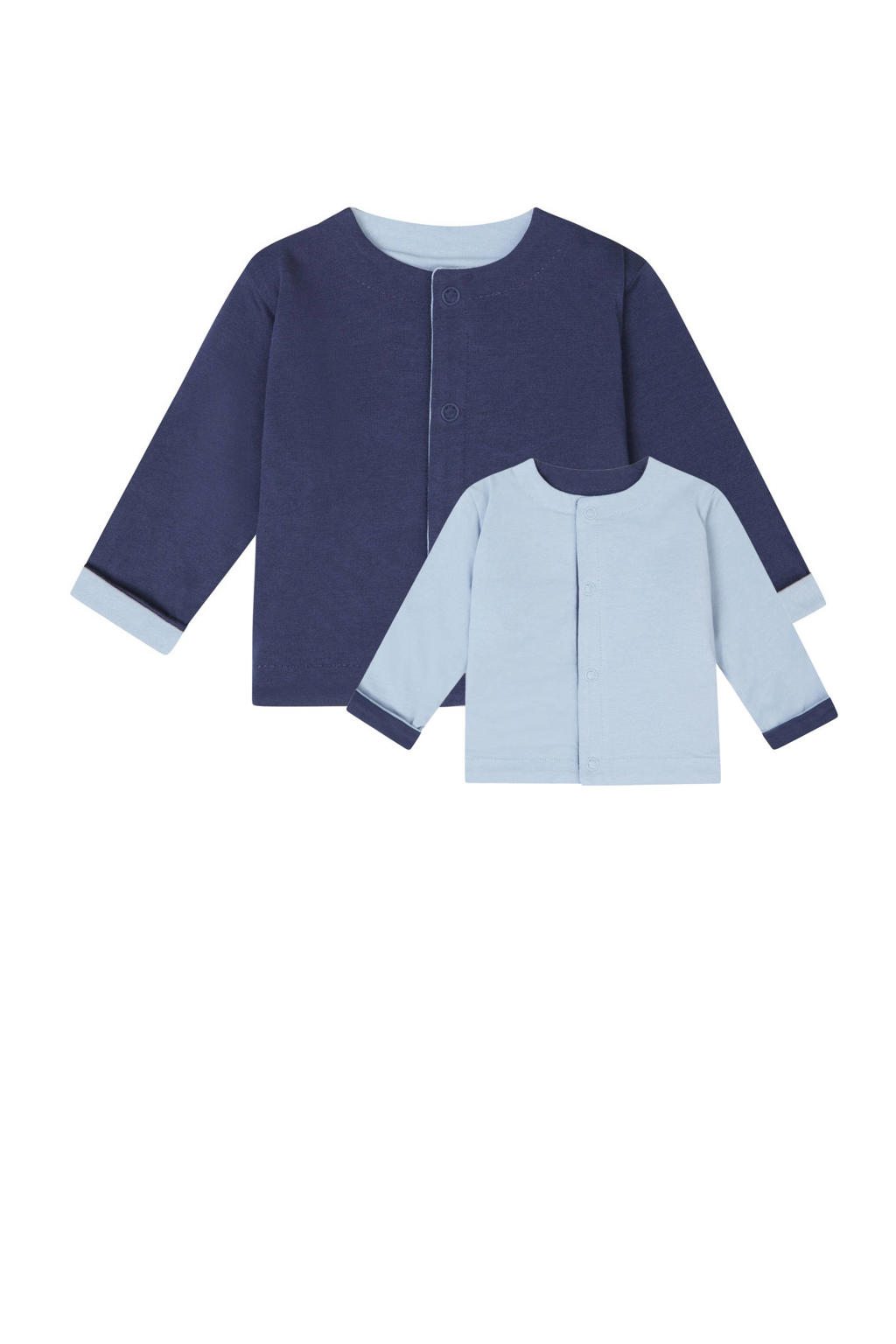 Blauw, lichtblauw en donkerblauwe jongens Noppies baby reversible vest Nowra van sweat materiaal met meerkleurige print, lange mouwen, ronde hals en drukknoopsluiting