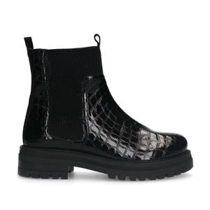 lakleren chelsea boots met crocoprint zwart