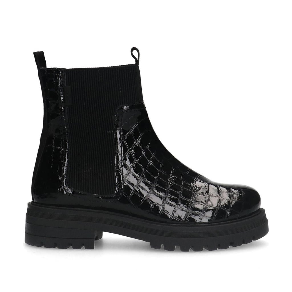 Zwarte dames Manfield lakleren chelsea boots met crocoprint