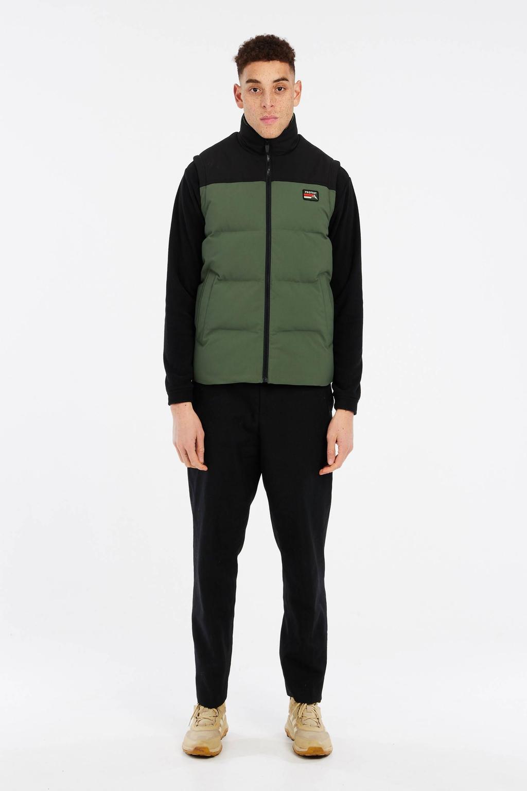 Groene heren Protest bodywarmer van polyester met meerkleurige print, opstaande kraag en ritssluiting