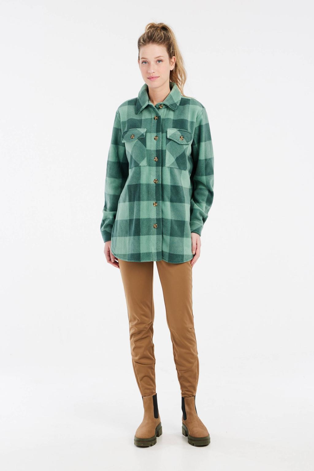 Groene dames Protest shacket fleece Salt van polyester met ruitenprint, lange mouwen, capuchon en knoopsluiting