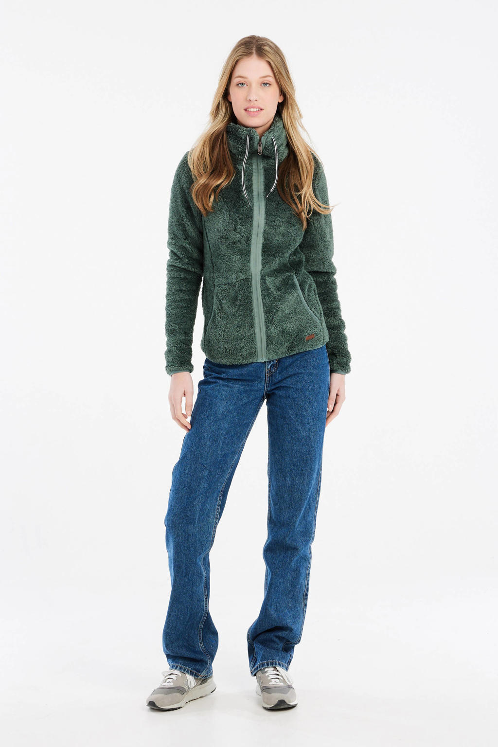 Groene dames Protest fleecevest Riri van polyester met effen, lange mouwen en opstaande kraag
