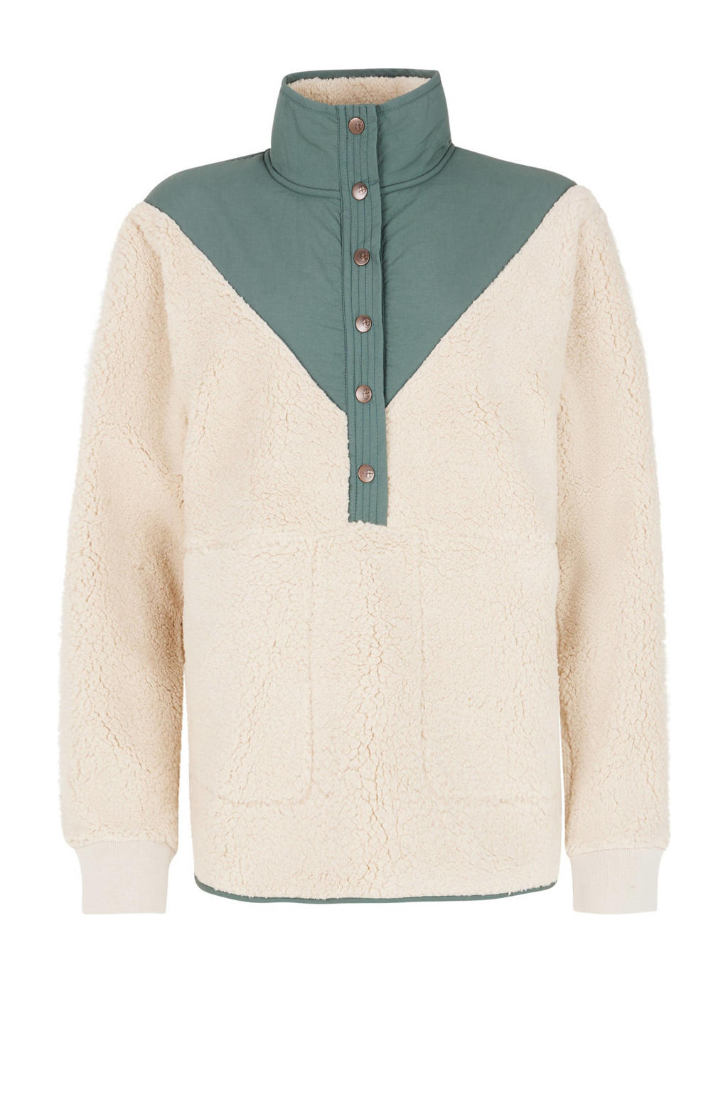 Beige dames Protest outdoor sweater Cyber van teddy materiaal met meerkleurige print, lange mouwen, opstaande kraag en drukknoopsluiting