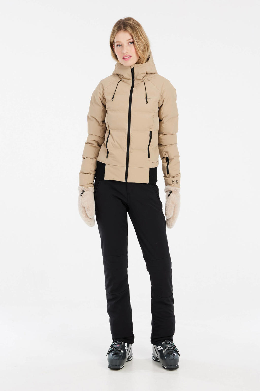 Beige dames Protest ski-jack Alysumi van polyester met effen, capuchon en winddichte rits