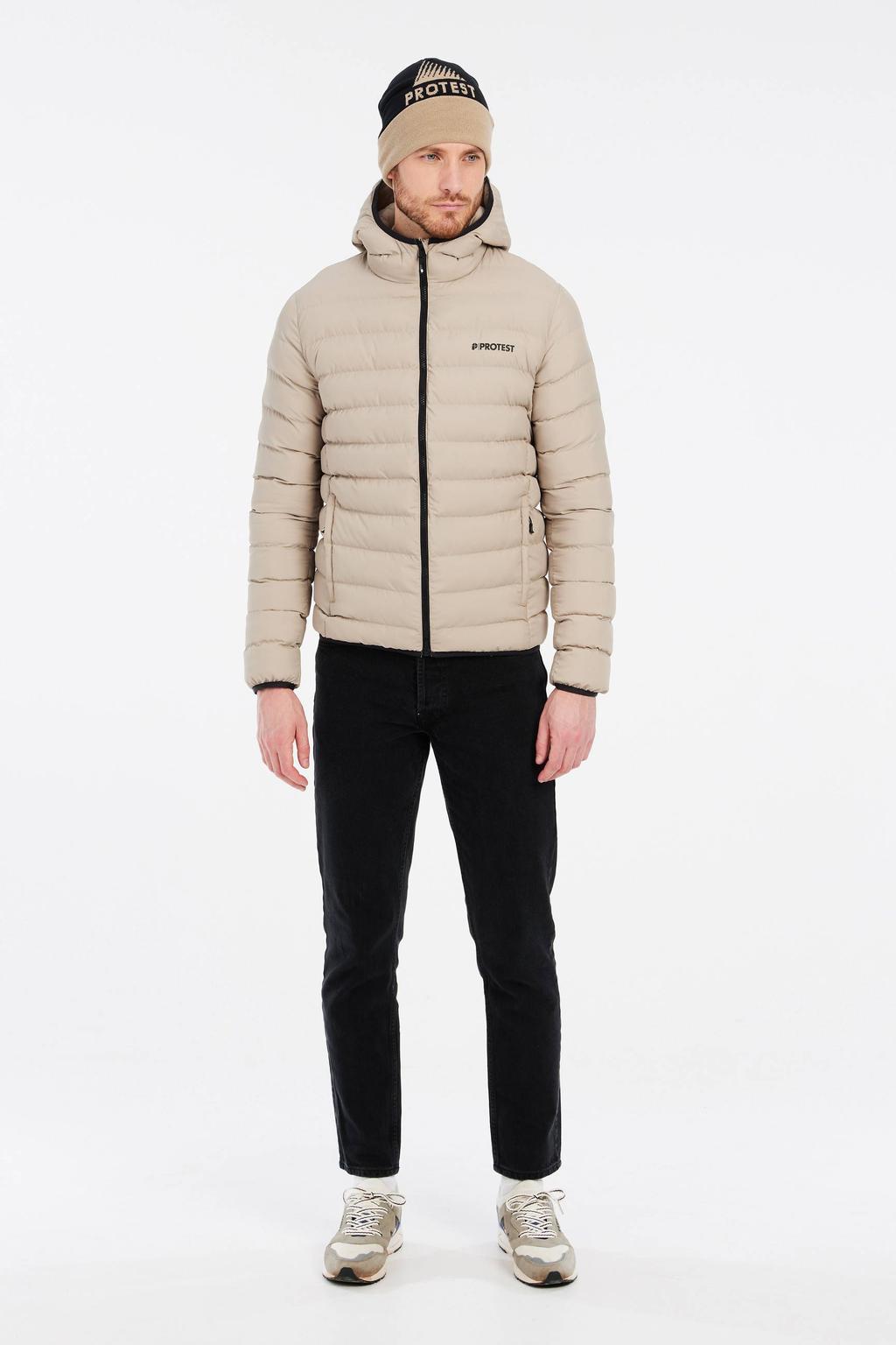 Beige heren Protest jas Basso van polyester met effen, lange mouwen, capuchon en ritssluiting