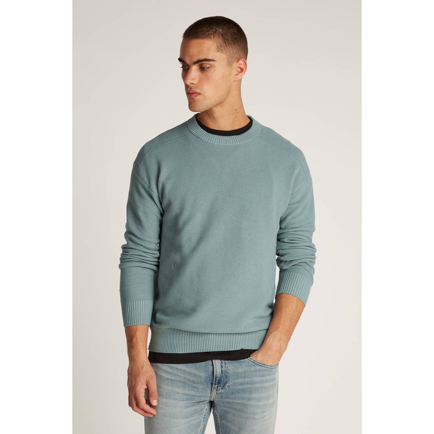 Calvin Klein Jeans Groene Gebreide Trui Lange Mouw Ronde Hals Green Heren