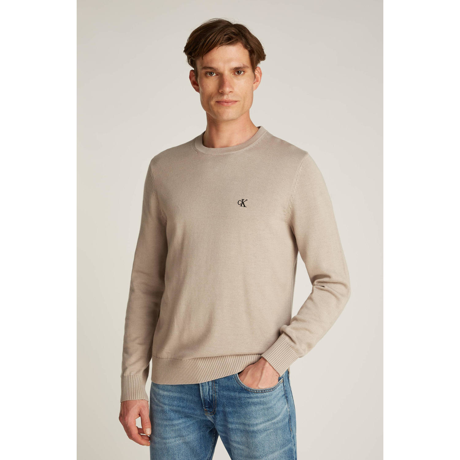 Calvin Klein Jeans Beige Katoenen Gebreide Trui Ronde Hals Lente Zomer Beige Heren
