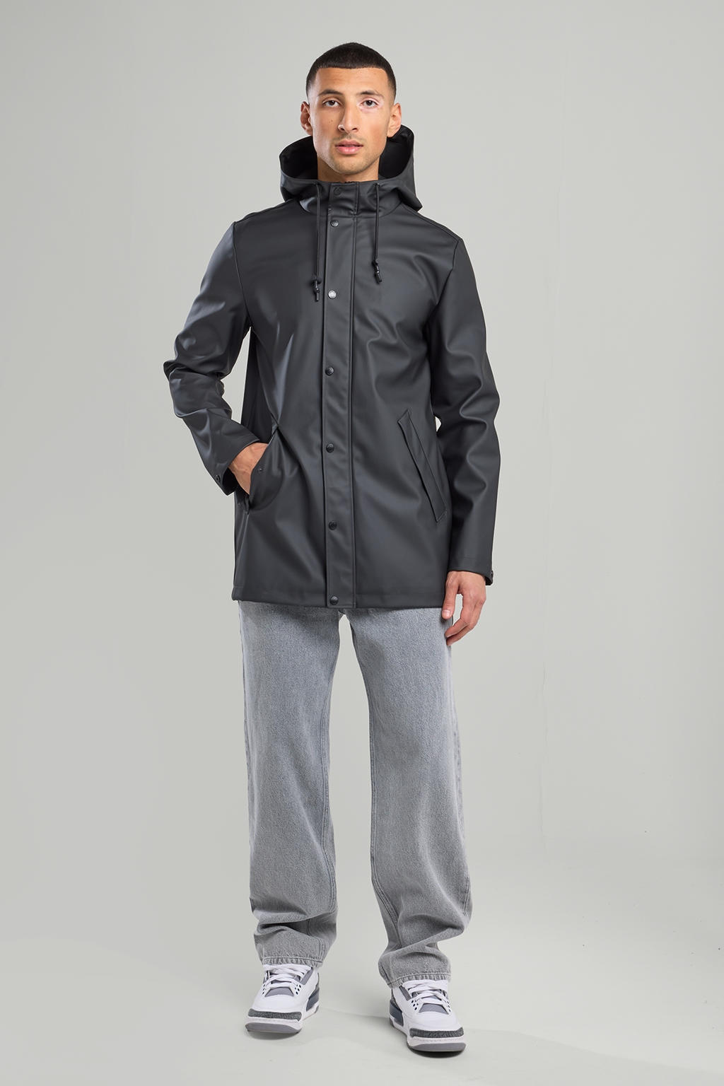 Zwarte heren America Today regenjas jake van polyester met effen, capuchon en rits- en knoopsluiting