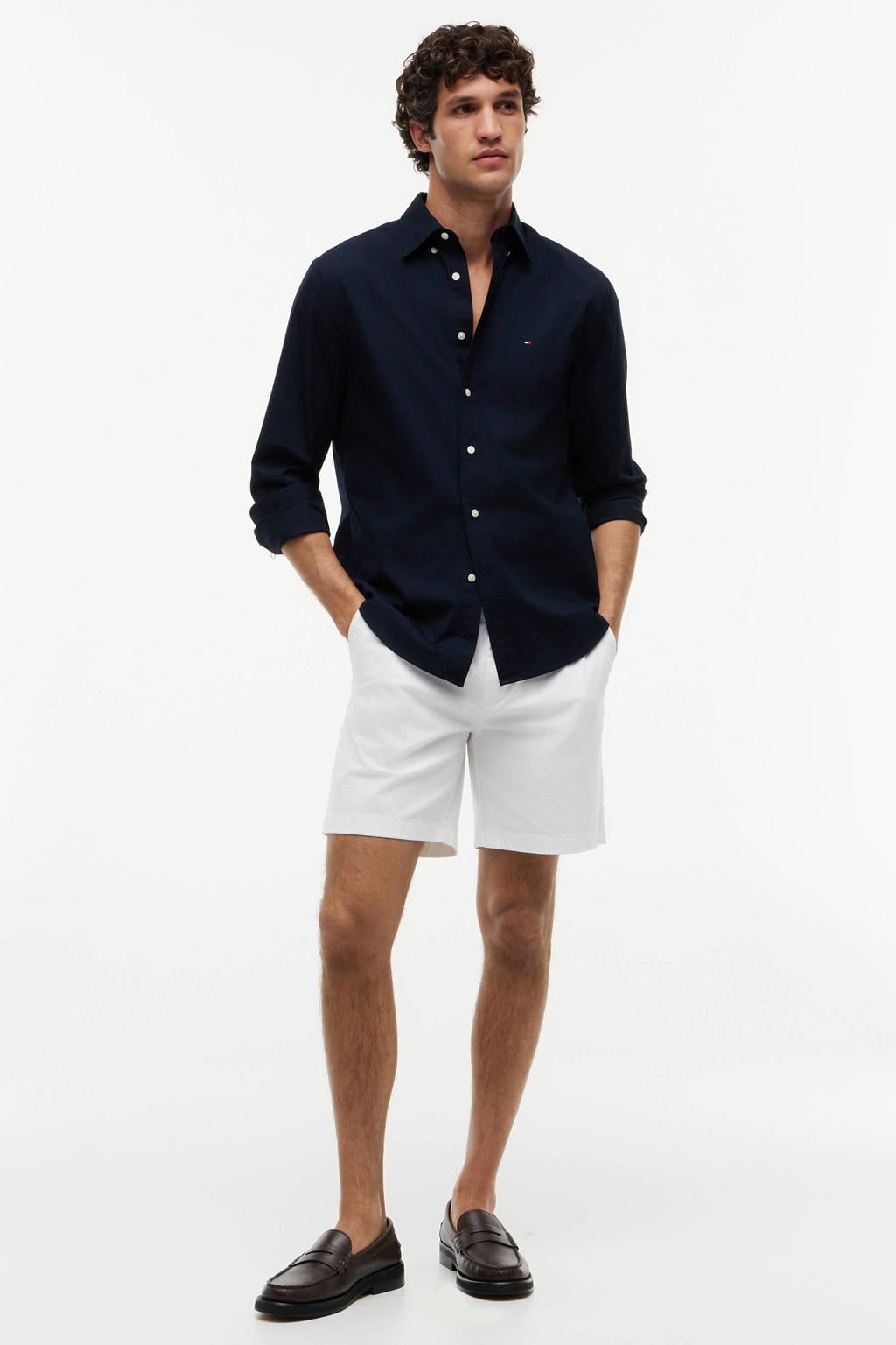 Donkerblauwe heren Tommy Hilfiger regular overhemd van katoen met effen, lange mouwen, button down sluiting en knoopsluiting