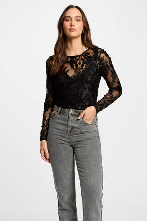 mesh top met all over print zwart