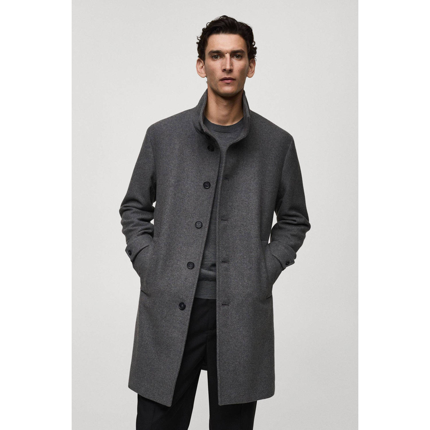 Mango Man trenchcoat met wol grijs