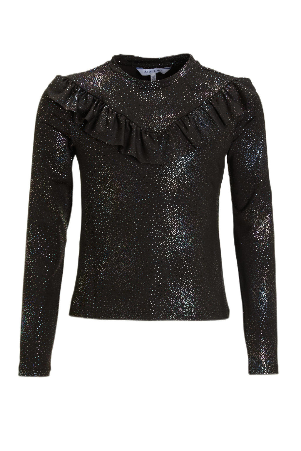 Zwarte meisjes Anytime longsleeve van polyester met stippenprint, lange mouwen, ronde hals en glimmend detail