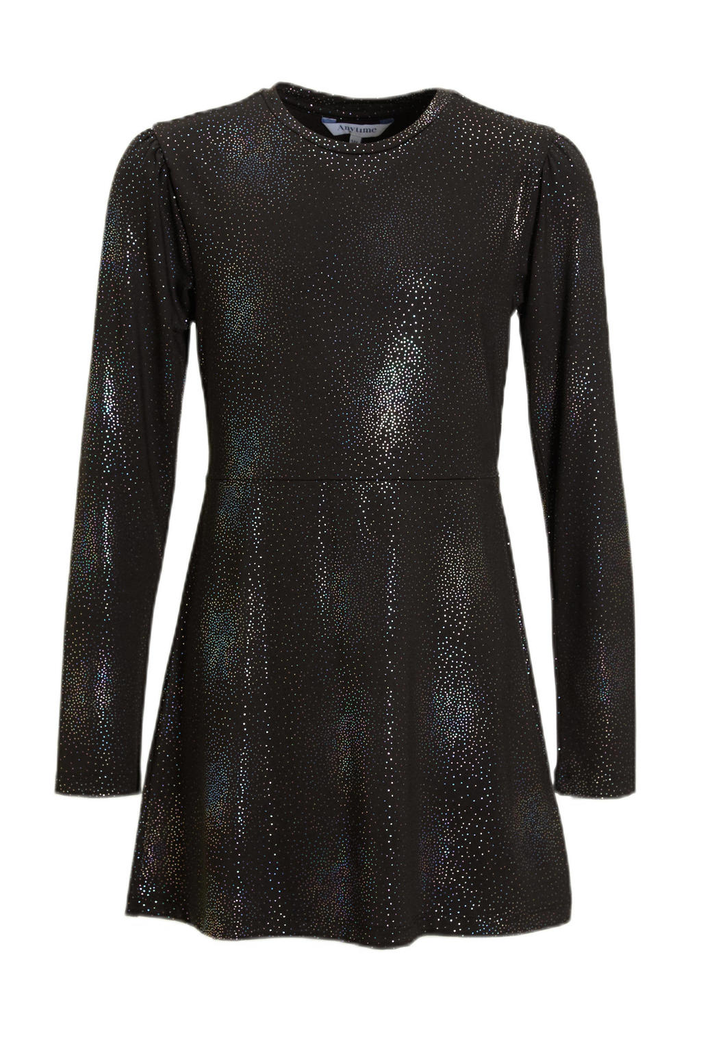 Zwarte meisjes Anytime A-lijn jurk van polyester met stippenprint, lange mouwen, ronde hals, elastische inzet en glimmend detail