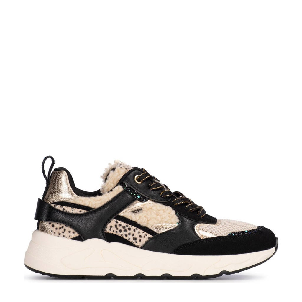 Zwart en beige dames POSH by Poelman Minion chunky sneakers van imitatieleer/imitatiesude met veters