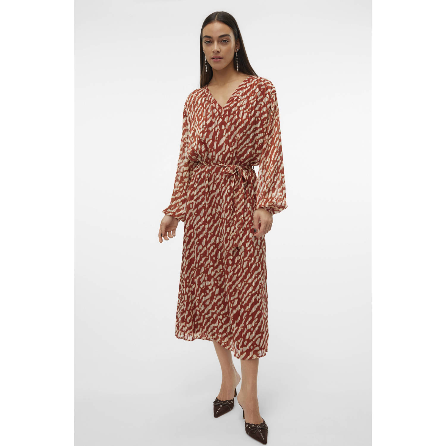 VERO MODA jurk met all over print en ceintuur bruin ecru