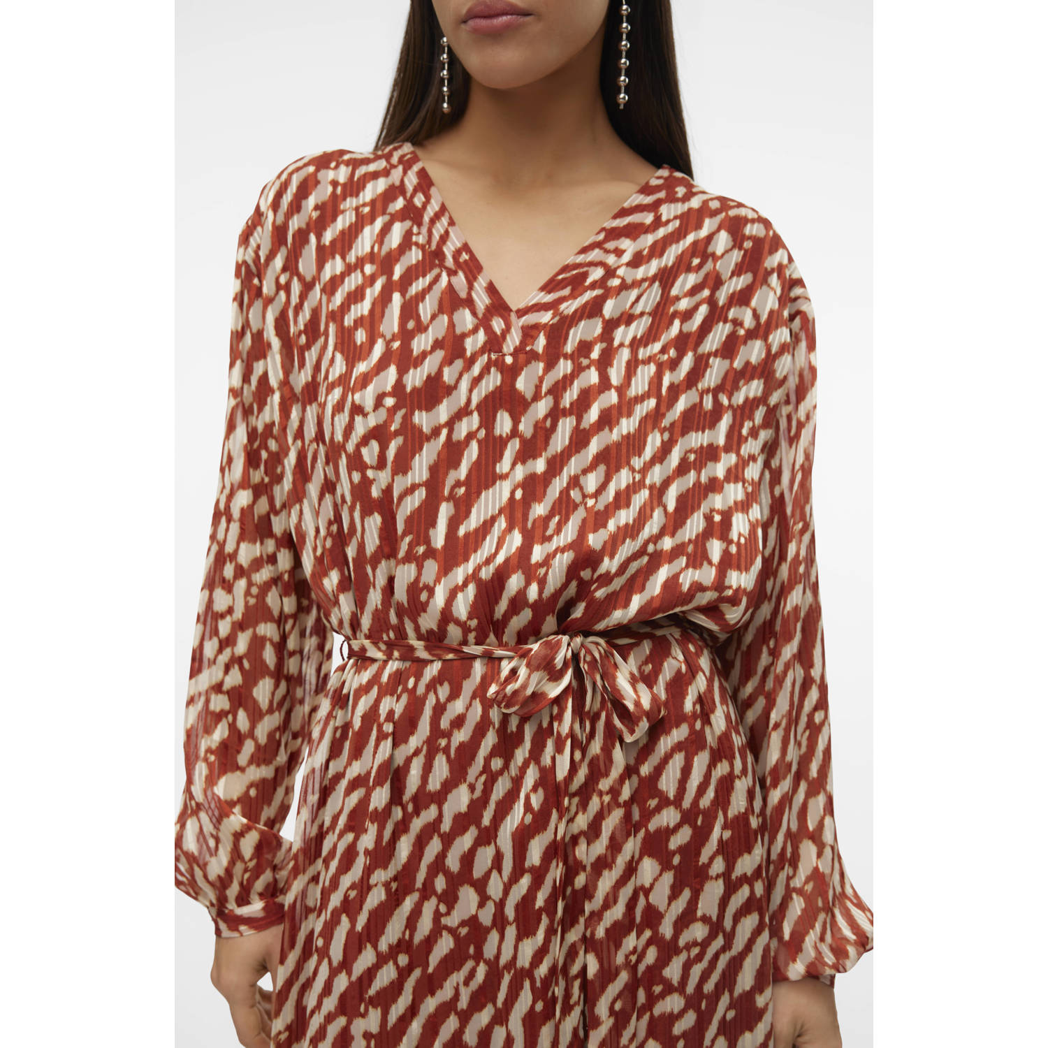 VERO MODA jurk met all over print en ceintuur bruin ecru