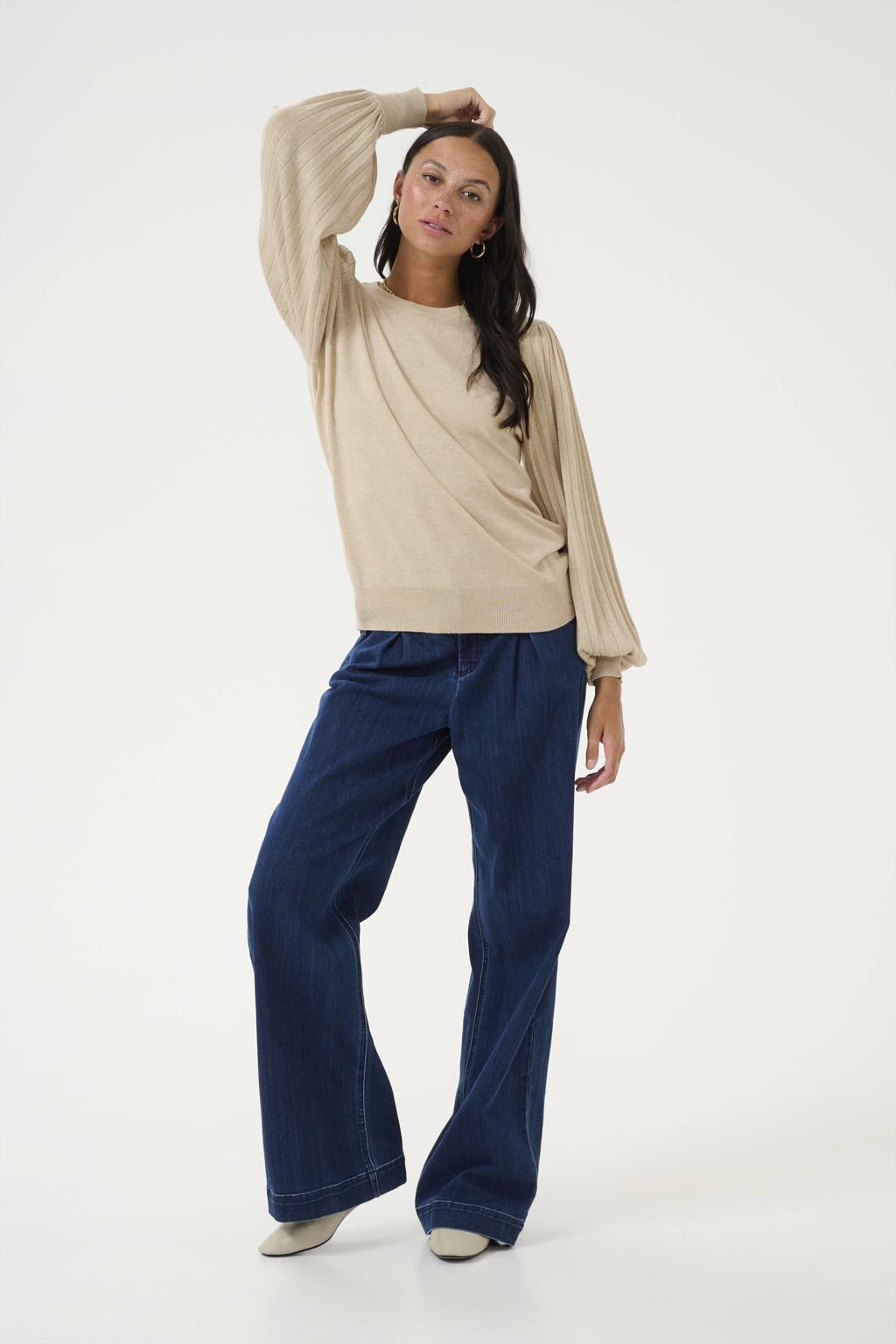 Beige dames Kaffe pullover Kalone van viscose met effen, lange mouwen, ronde hals en plissé details