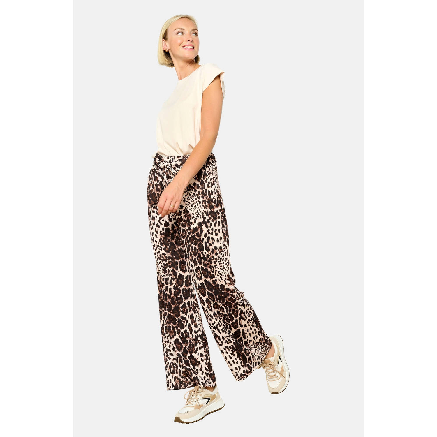 LOLALIZA high waist wide leg broek met panterprint beige bruin