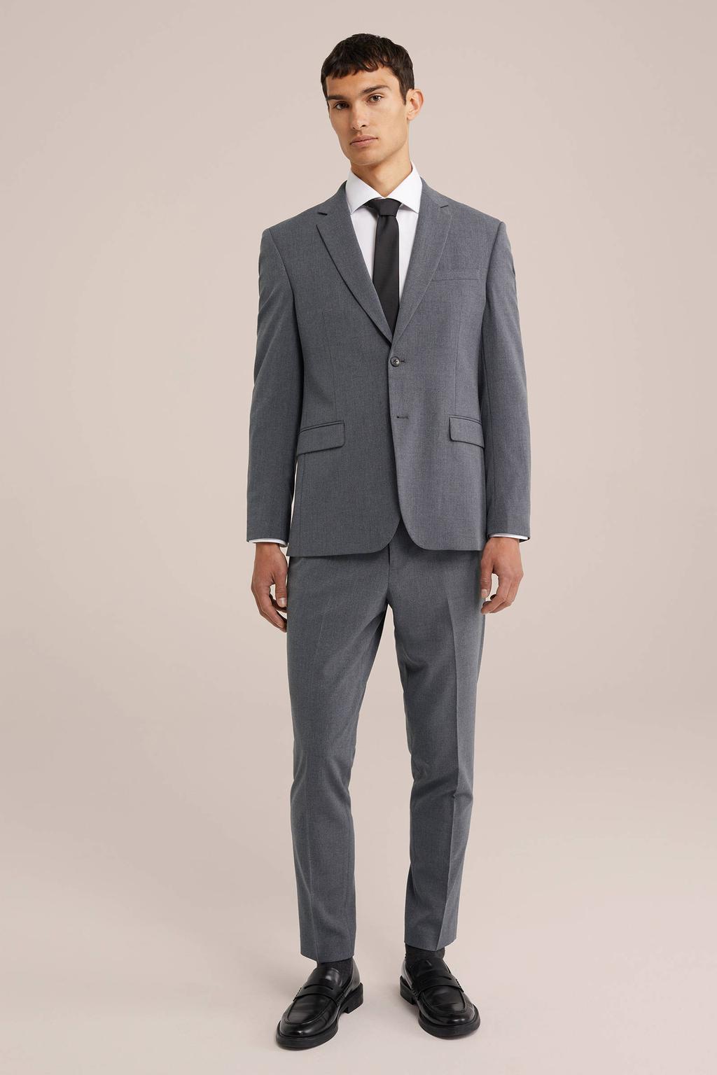 Grijze heren slim fit colbert van polyester met effen, reverskraag en geweven detail