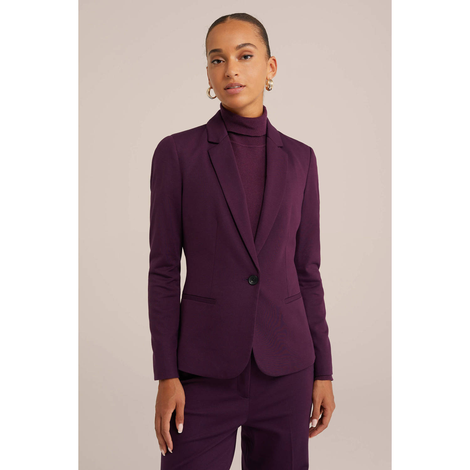 WE Fashion jersey getailleerde blazer Liz donkerpaars