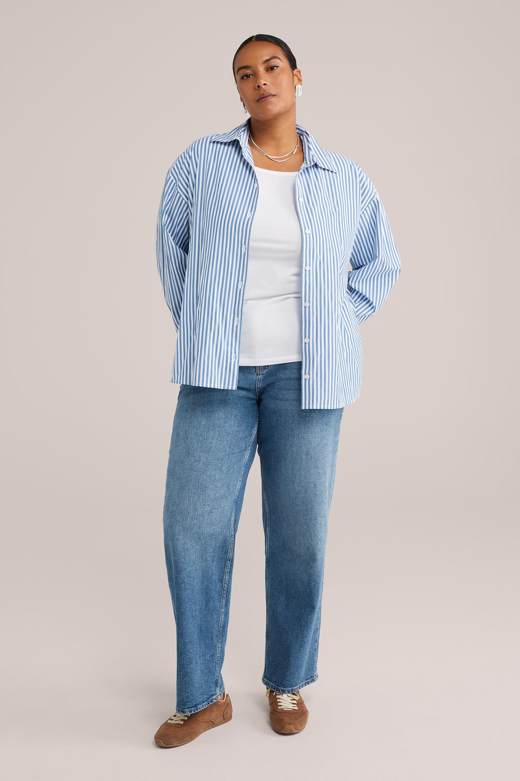 Witte dames WE Fashion Curve T-shirt van katoen met effen, driekwart mouwen en boothals