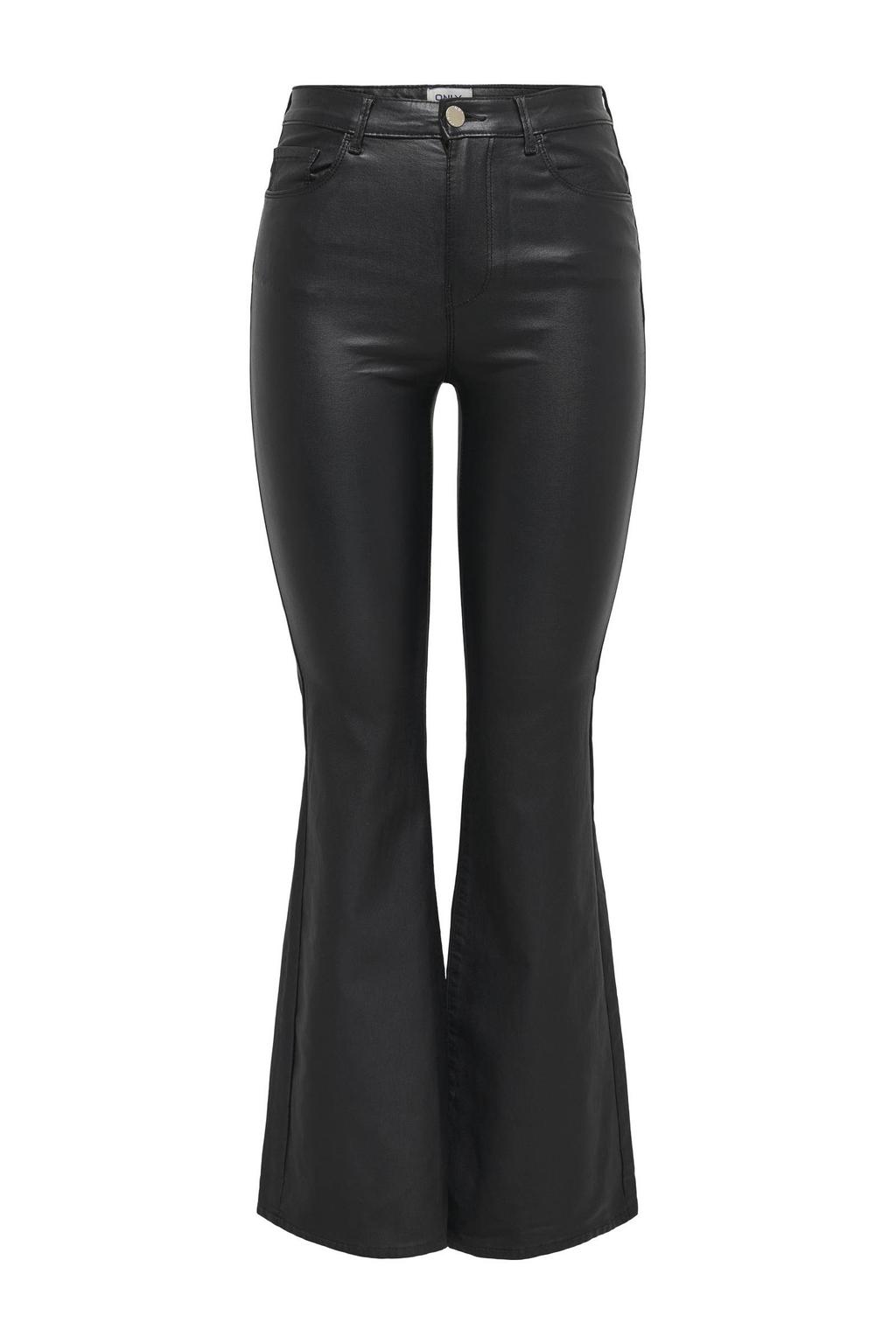 Zwarte dames ONLY coated high waist flared broek met rits- en knoopsluiting en effen