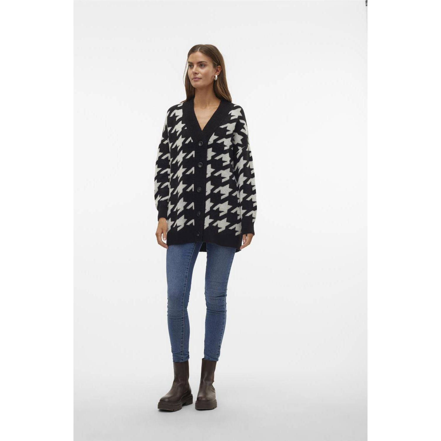 VERO MODA vest VMMIRA met pied-de-poule zwart ecru
