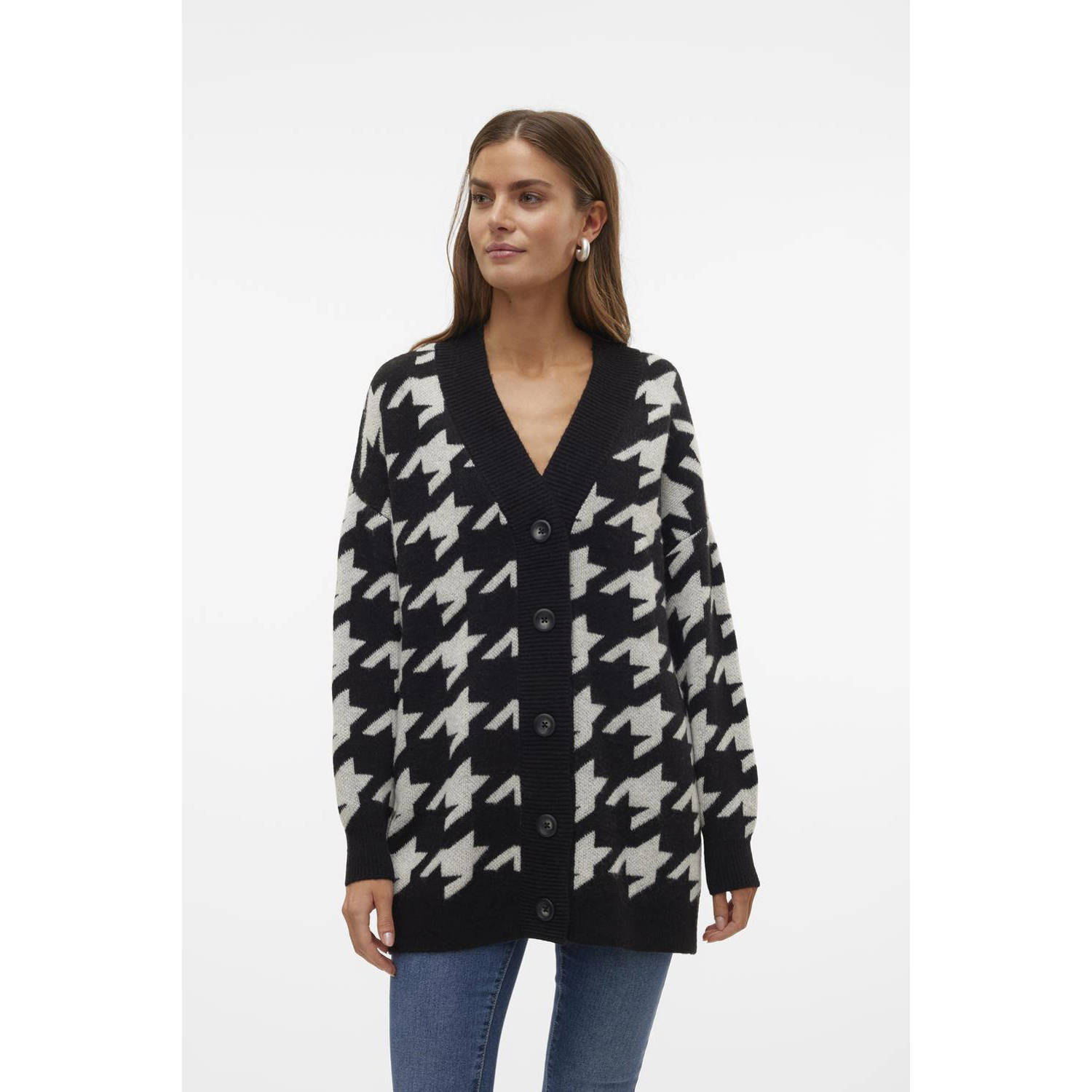 VERO MODA vest VMMIRA met pied-de-poule zwart ecru