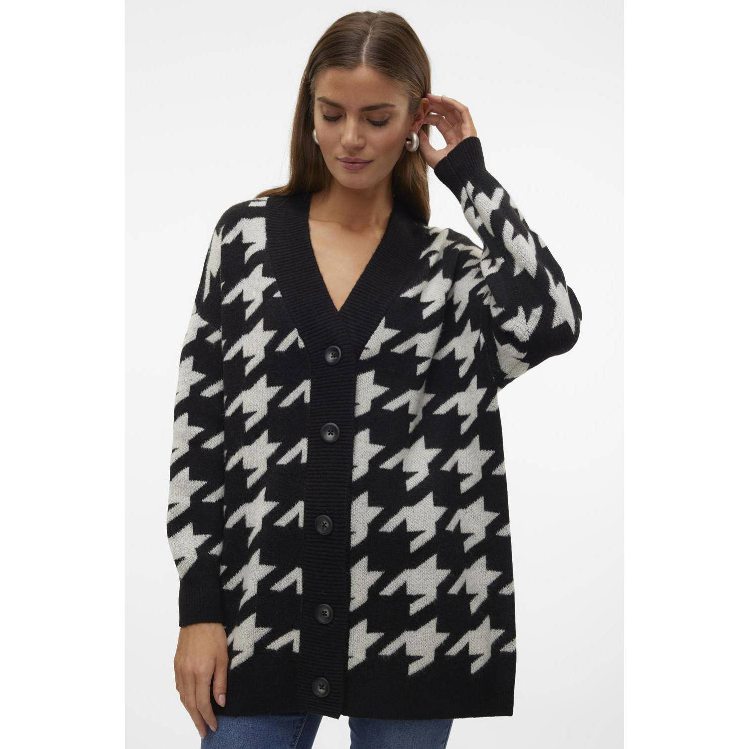 VERO MODA vest VMMIRA met pied-de-poule zwart ecru