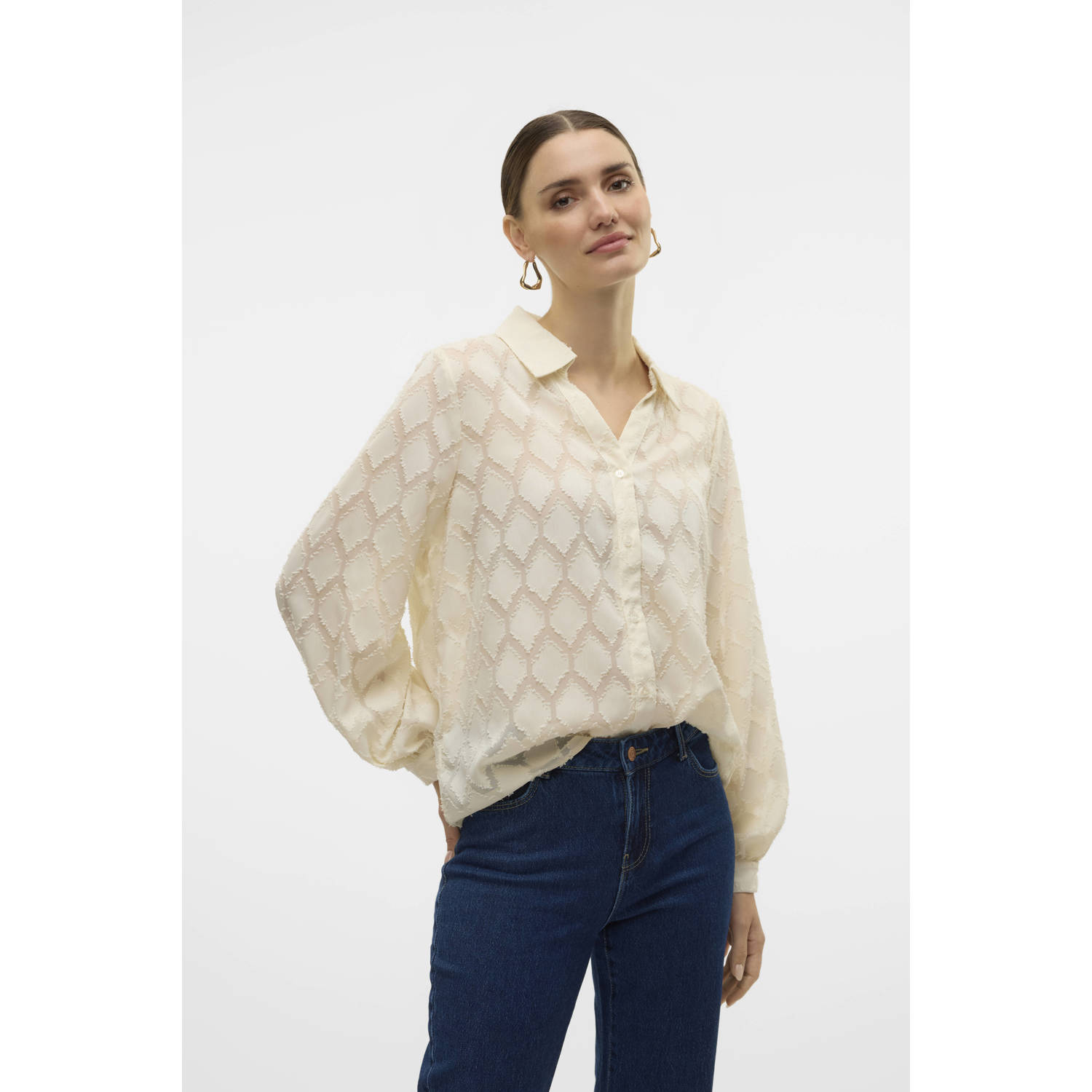VERO MODA geruite blouse VMAYLA ecru