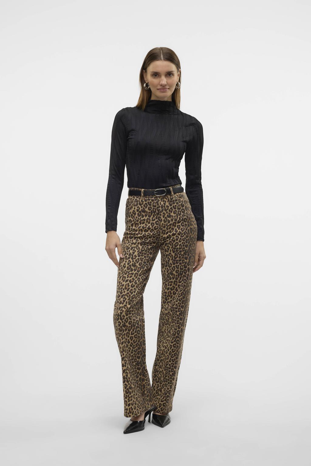 VERO MODA high waist wide leg jeans VMTESSA met panterprint beige/ zwart
