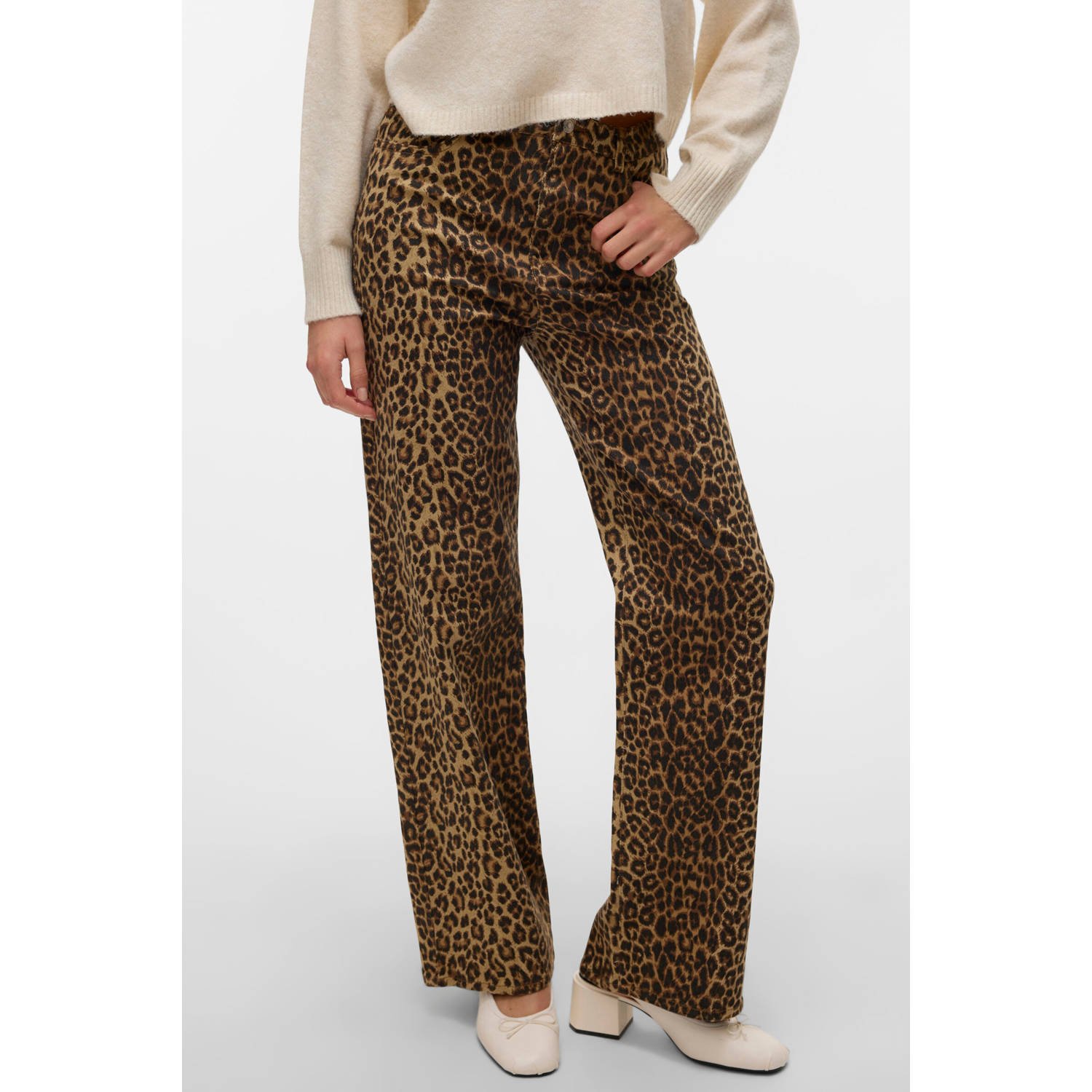 VERO MODA high waist wide leg jeans VMTESSA met panterprint beige zwart