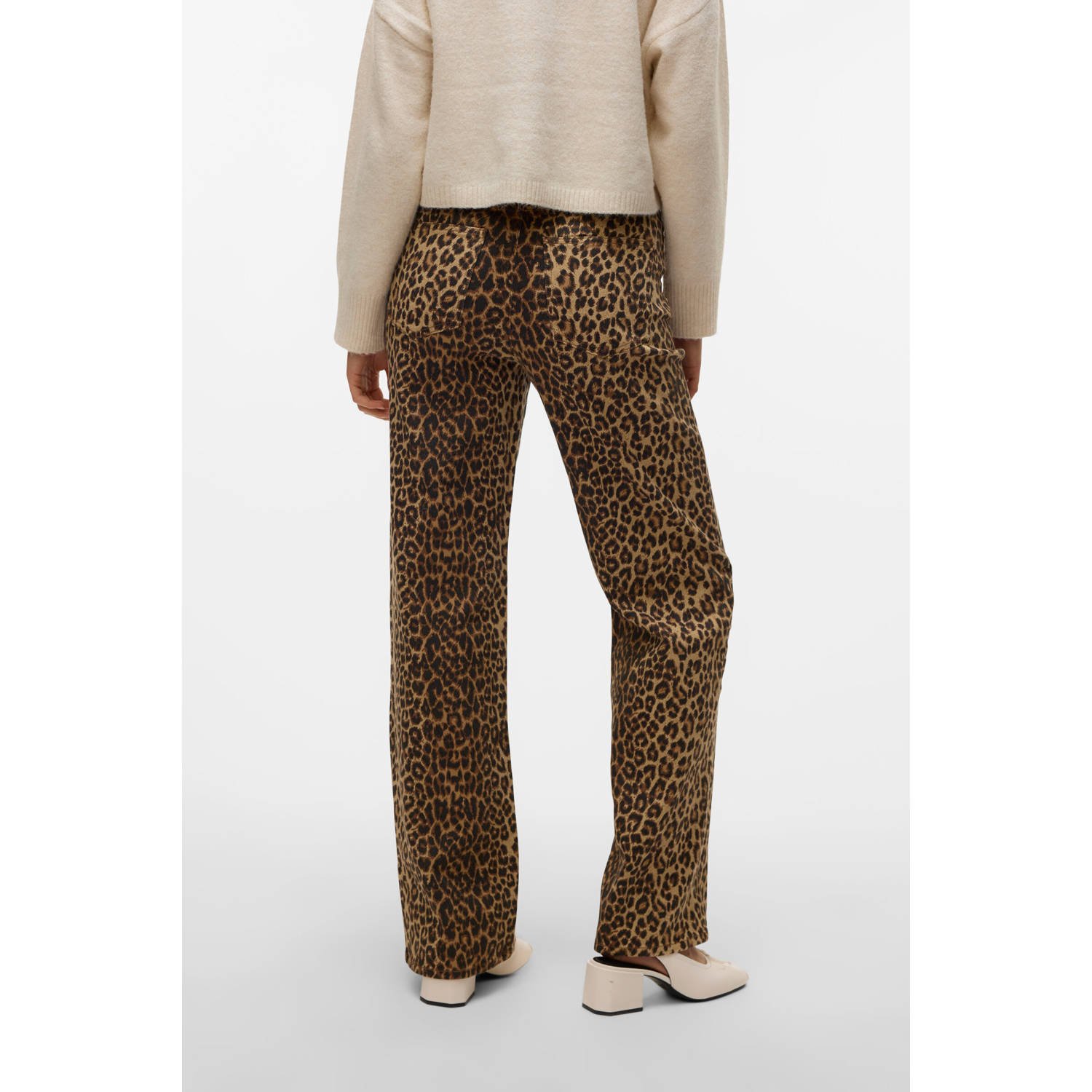 VERO MODA high waist wide leg jeans VMTESSA met panterprint beige zwart