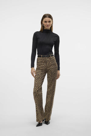 high waist wide leg jeans VMTESSA met panterprint beige/ zwart