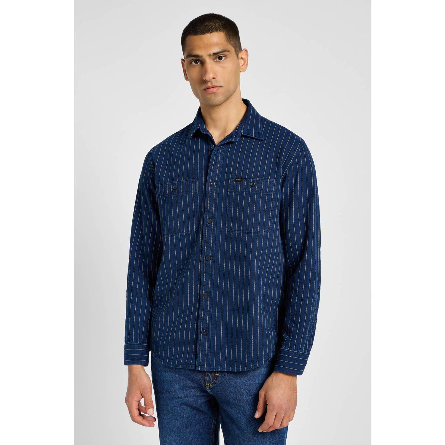 Lee gestreept regular fit overhemd donkerblauw