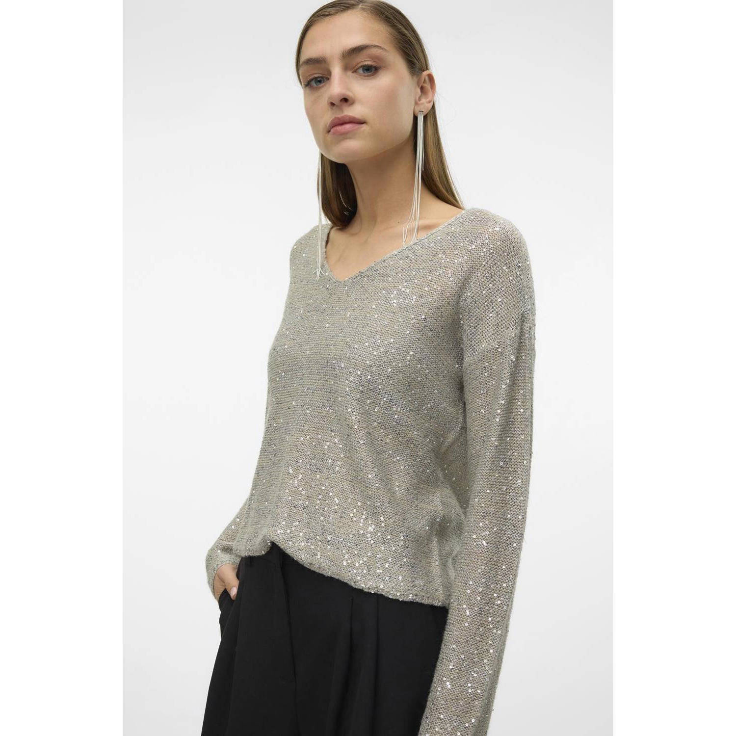 VERO MODA gebreide trui crème met pailletten