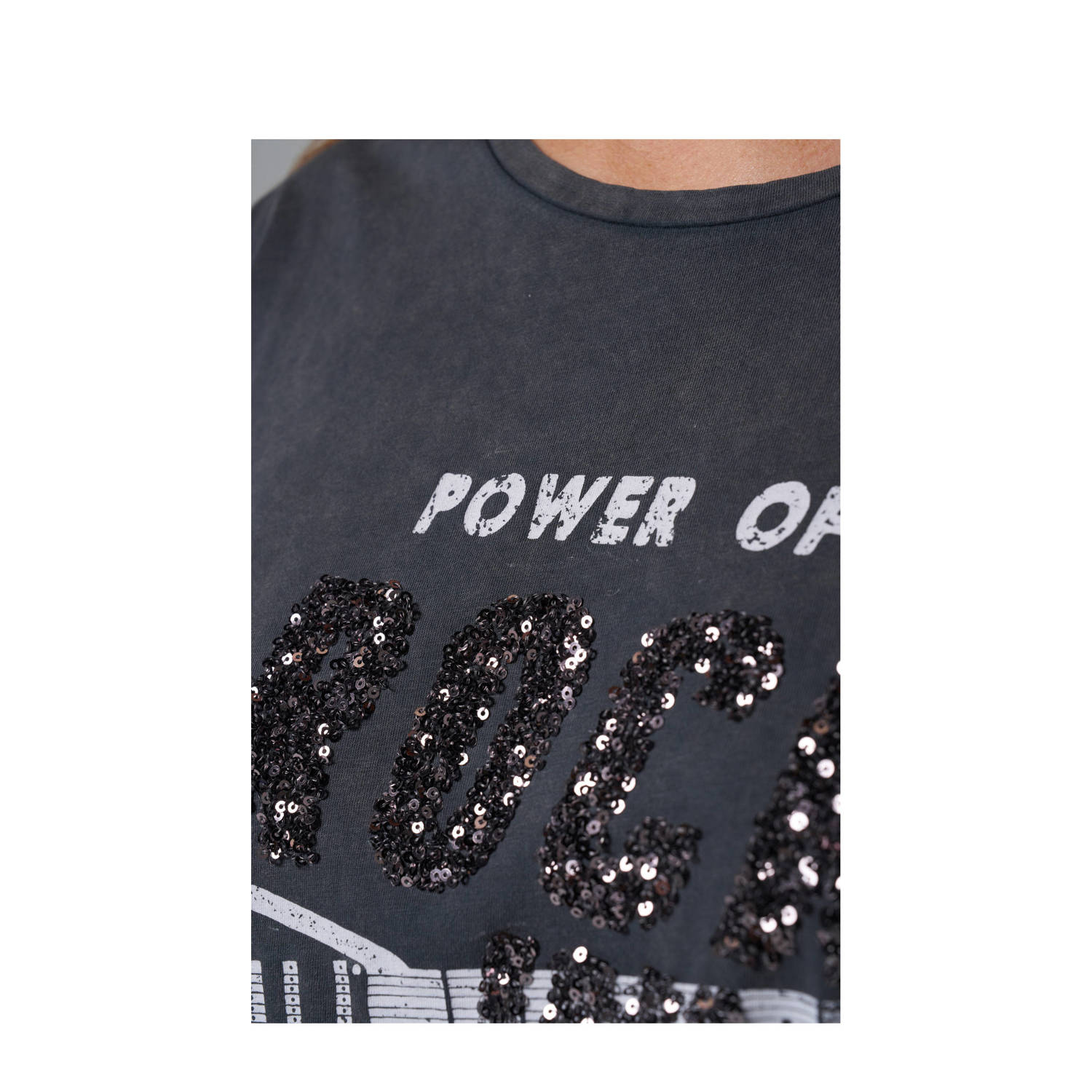 MS Mode T-shirt met printopdruk en pailletten antraciet