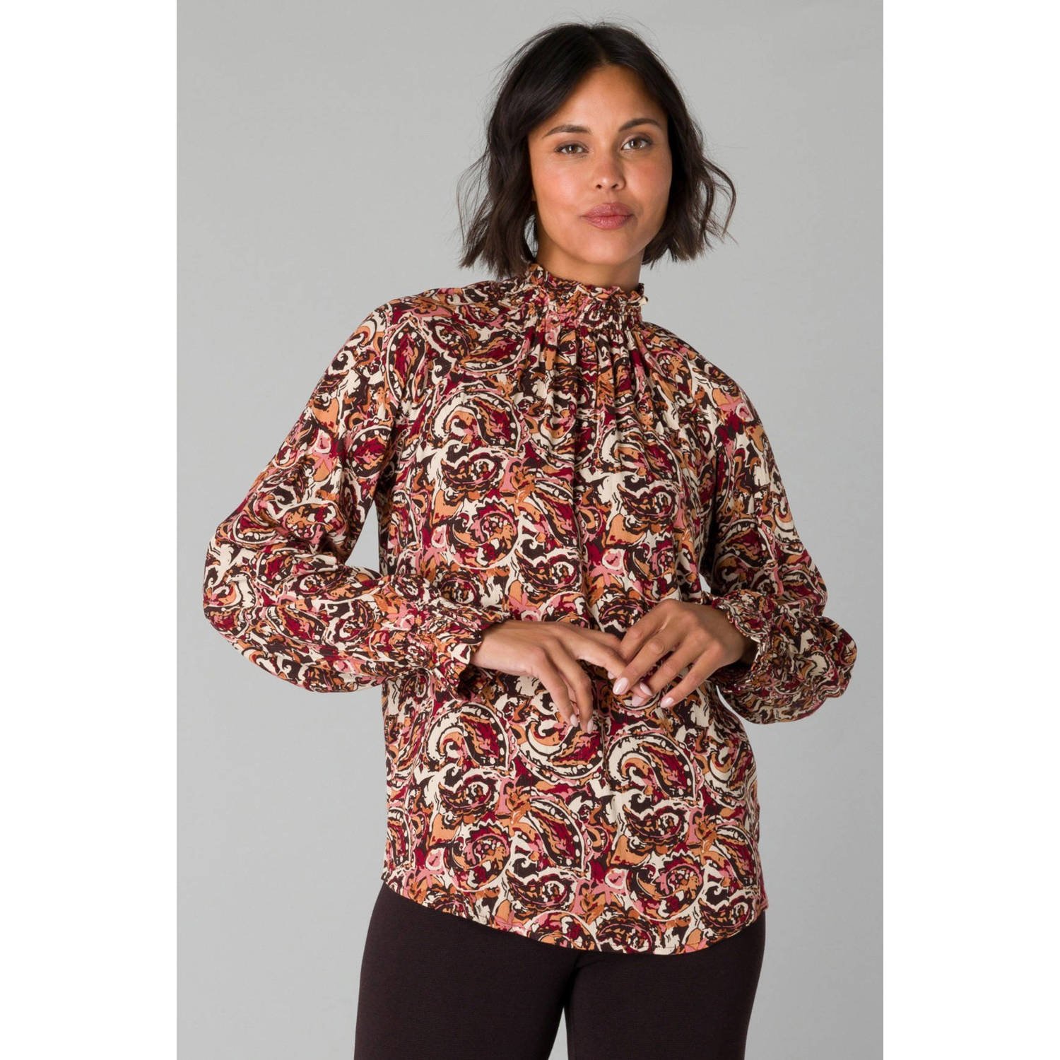 Yest top met all over print rood oranje ecru