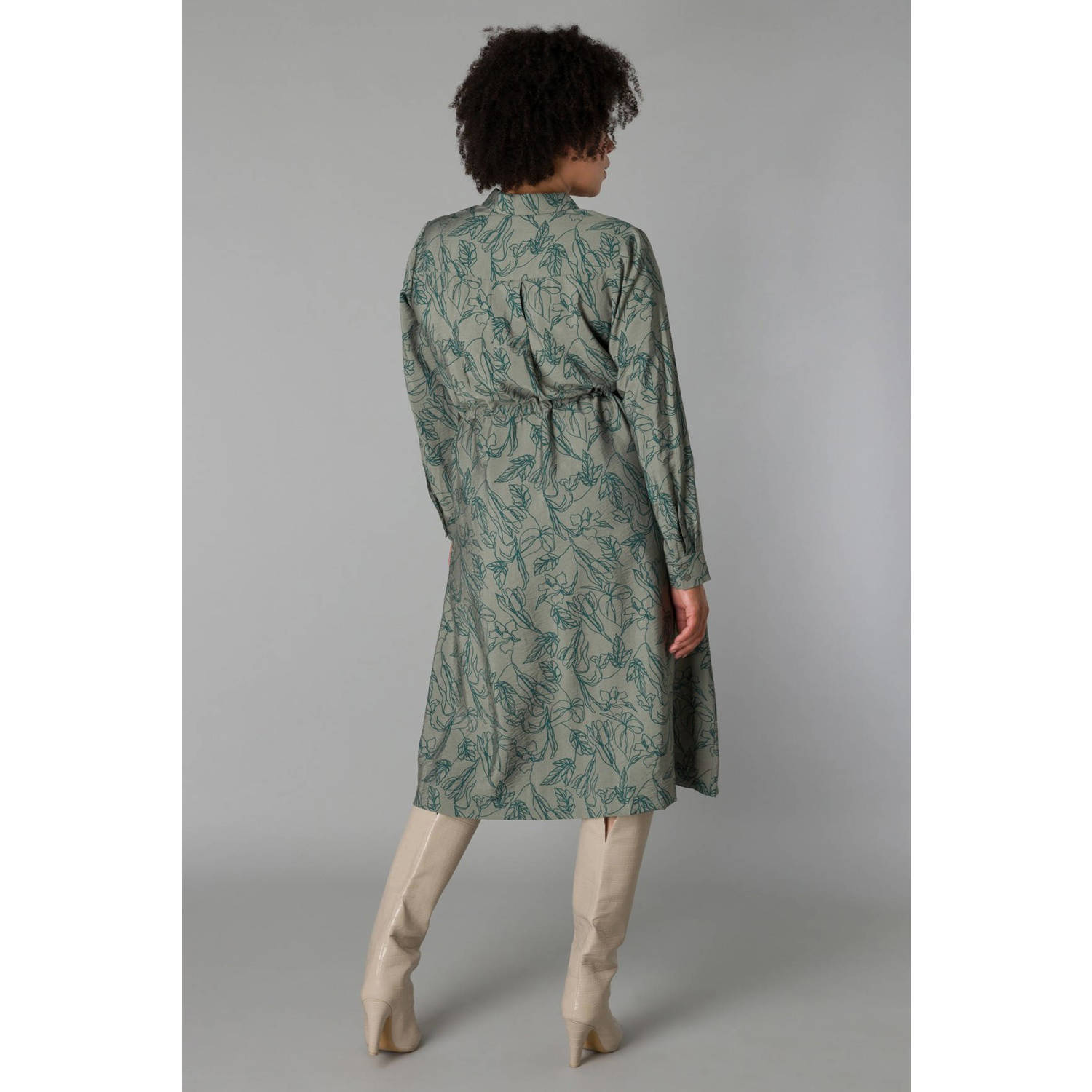 Yesta blousejurk met bladprint en ceintuur groen