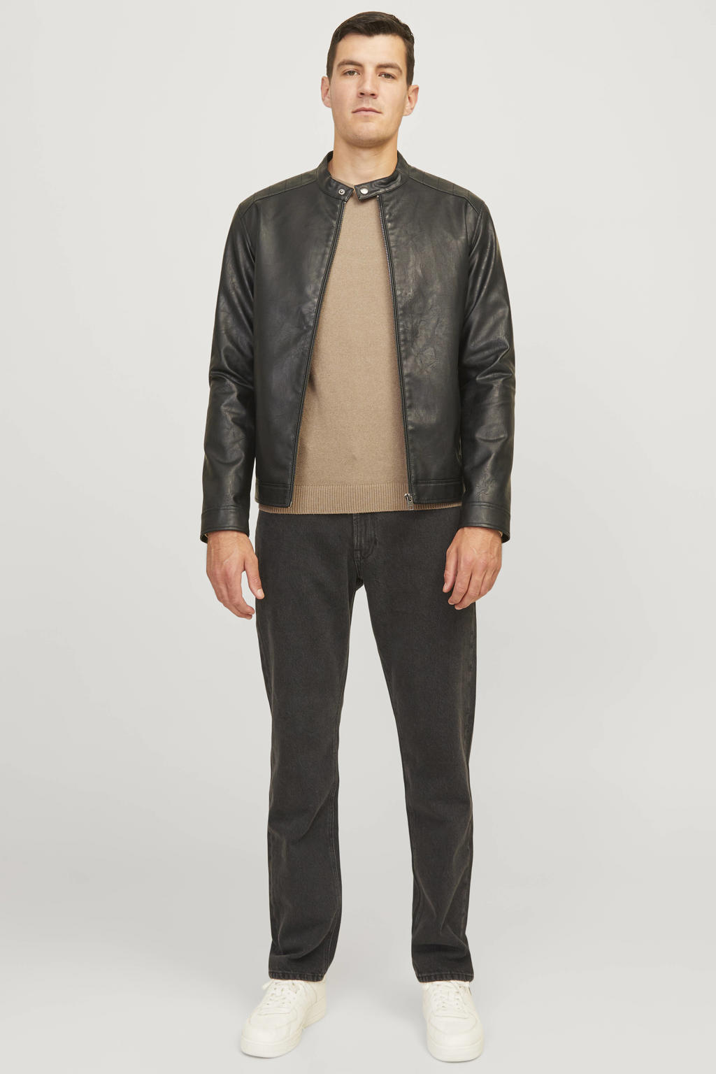 Beige heren JJ REBEL pullover van katoen met effen, lange mouwen, ronde hals en gebreide details