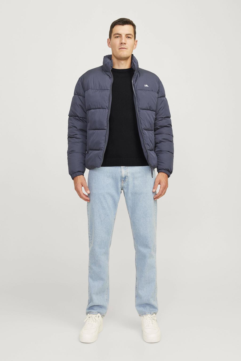 Zwarte heren JJ REBEL pullover van katoen met effen, lange mouwen, ronde hals en gebreide details