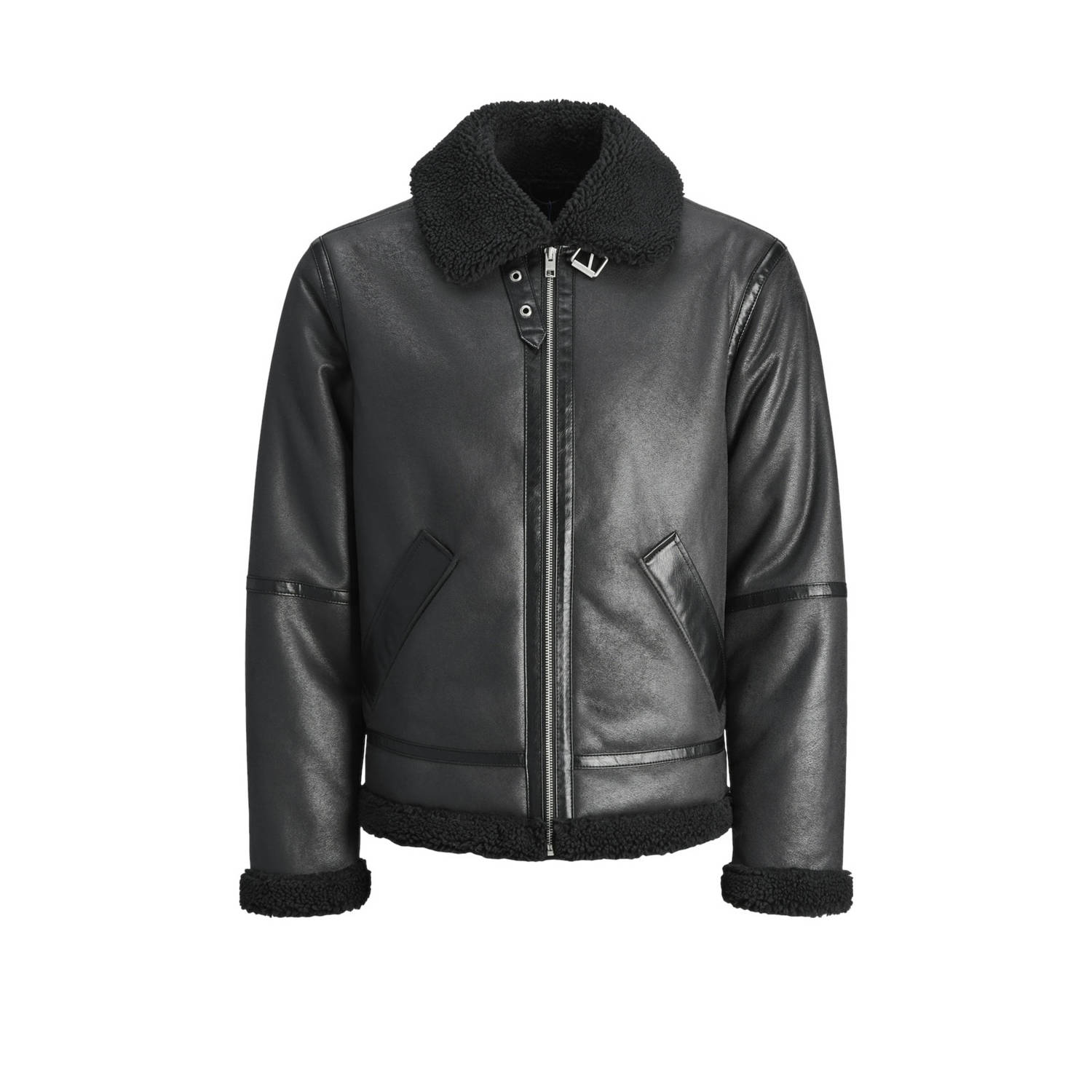 Jack & jones Aviator Leren Jas met Teddy Fleece Black Heren